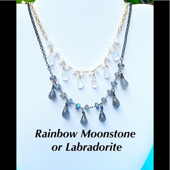 Rainbow Moonstone or Labradorite Briolette & Rondelle Necklace on Chains NWT - Picture 1 of 11